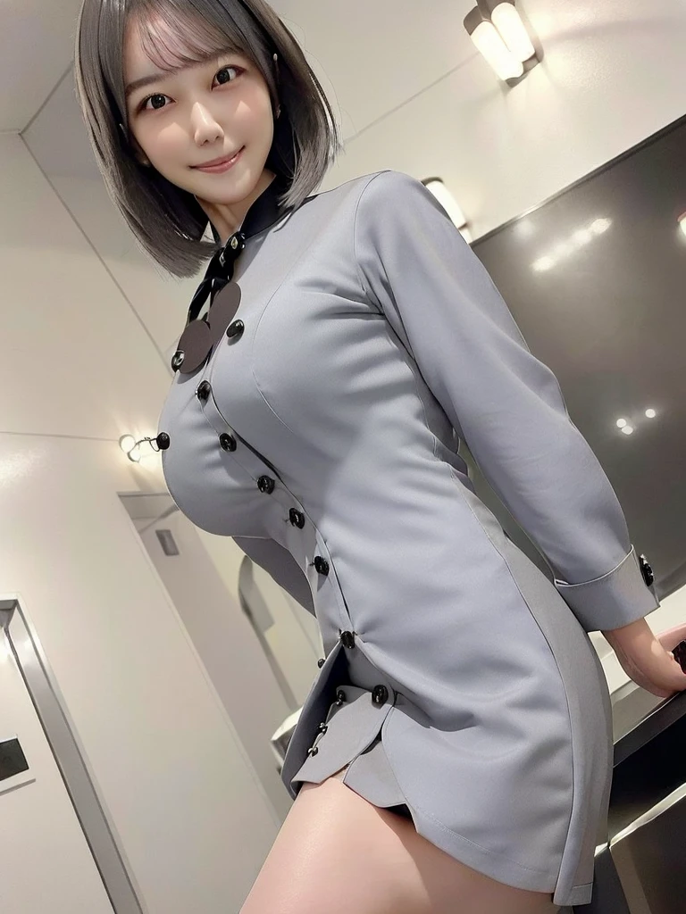 Highest quality、masterpiece、8k、Very detailed、Realistic、(One girl)、(Looking at me with a smile:1.5)、whole body、(Black Hair)、Short Hair、Small face、(Slender:1.2)、(Big Breasts:1.2)、(White business shirt with buttons and a collar:1.2)、(short tight skirt in gray,:1.2)、(Grey business jacket:1.2)