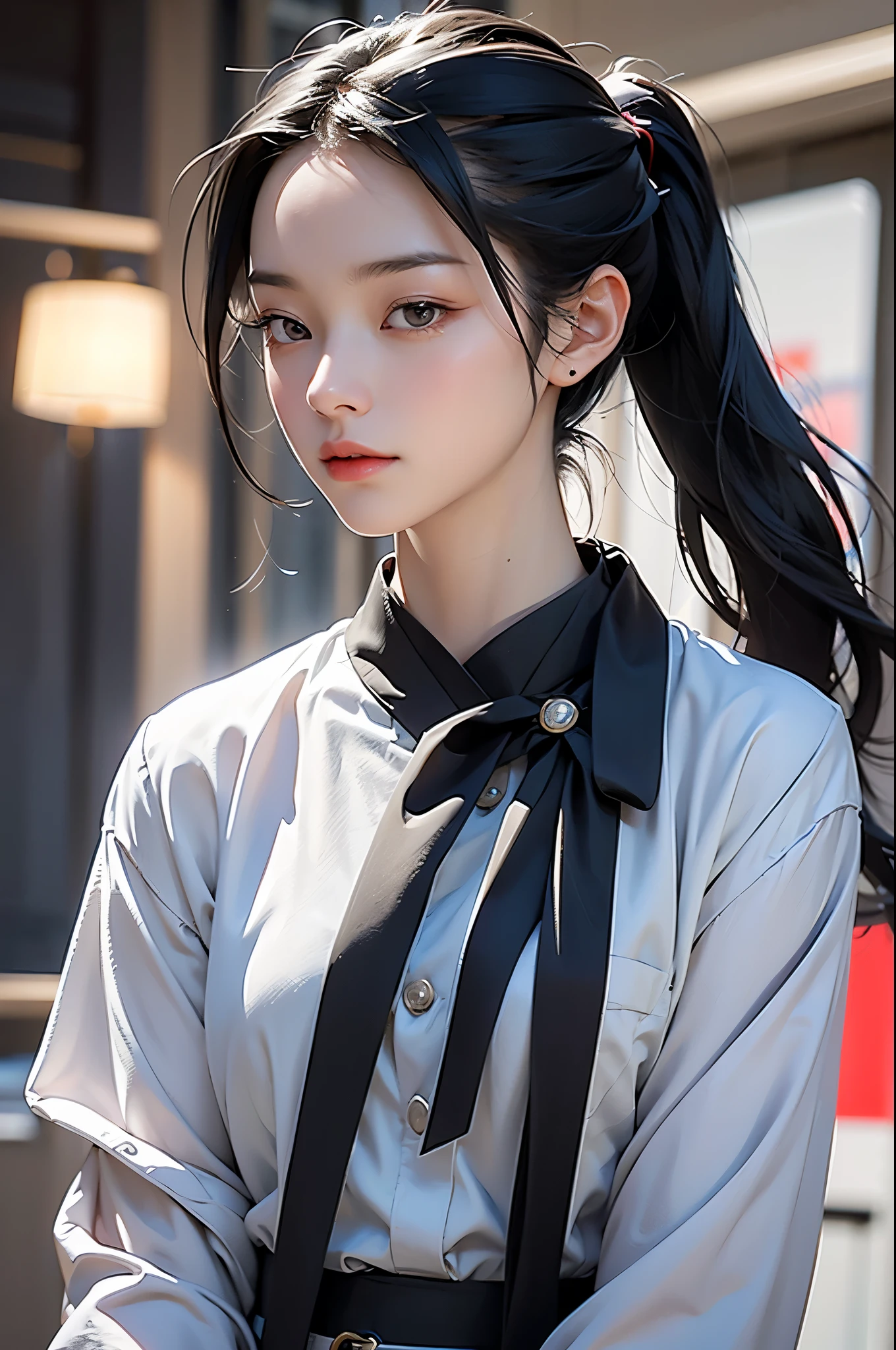 Lin Wei, A beautiful human hybrid，She has striking dark eyes and long black hair tied into a high ponytail., Stand confidently. She looks directly at the camera with a firm and wise gaze. Her uniform fits her perfectly., Highlighting her strong and feminine physique. Her presence exudes power, grace, and leadership. The background hints at a future interstellar spaceship scene, Adds to her majesty and powerful aura.