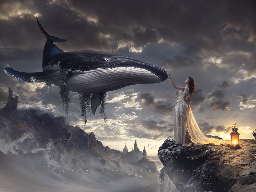 there is a woman standing on a rock with a whale above her, realistic fantasy photography, fantasy photography, matte painting ”, matte painting”, breathtaking fantasy art, photomanipulation, flying whale, surrealistic digital artwork, flying whales, realistic fantasy illustration, majestic matte painting, surreal and fantasy art, beautiful digital artwork, photo manipulation, 3 d render and matte painting