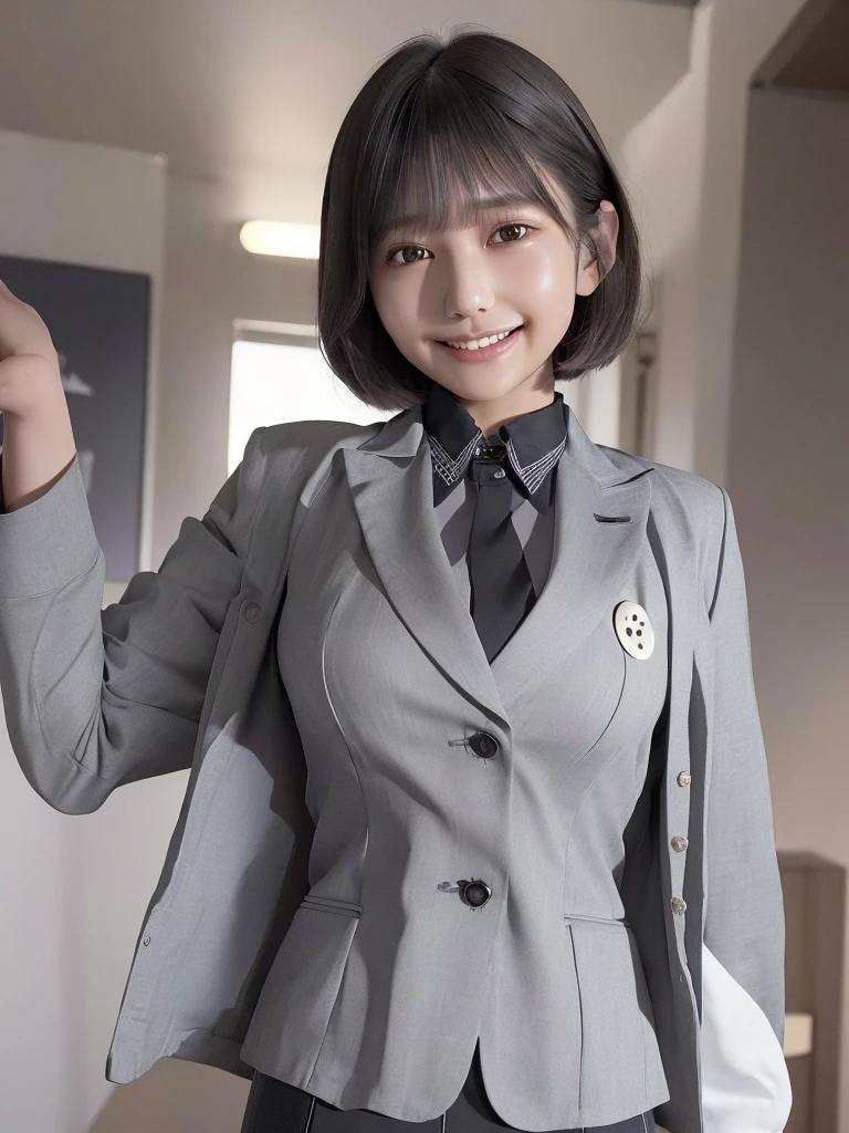 Highest quality、masterpiece、8k、Very detailed、Realistic、(One girl)、(Looking at me with a smile:1.5)、whole body、(Black Hair)、Short Hair、Small face、(Slender:1.2)、(Big Breasts:1.2)、(White business shirt with buttons and a collar:1.2)、(short tight skirt in gray,:1.2)、(Grey business jacket:1.2)