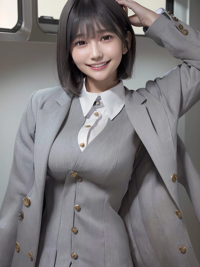 Highest quality、masterpiece、8k、Very detailed、Realistic、(One girl)、(Looking at me with a smile:1.5)、whole body、(Black Hair)、Short Hair、Small face、(Slender:1.2)、(Big Breasts:1.2)、(White business shirt with buttons and a collar:1.2)、(short tight skirt in gray,:1.2)、(Grey business jacket:1.2)