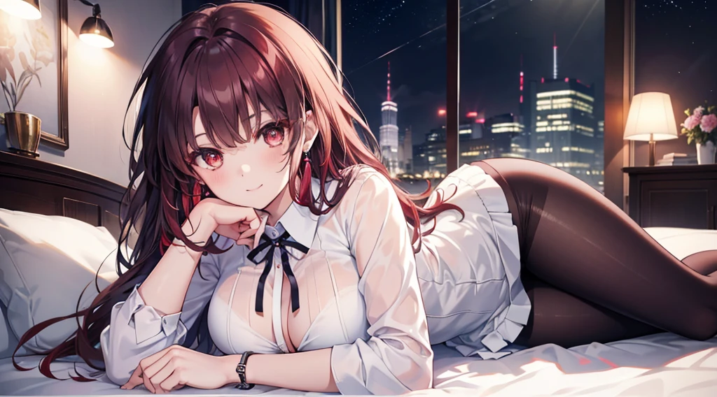 Highest quality, masterpiece, figure, wallpaper,One girl,White shirt, Light Hair, Beautiful detailed girl, Highly detailed eyes and face, Beautiful attention to detail, Shine,Browsing Caution, View your viewers, bed, night, Black Pantyhose, Straight hair, Red Eyes, long hair,Red Hair, thick_Thighs, Large Breasts, Red eyes,beautiful finger, clear background, deep night, Lying down、smile、Big earrings、bracelet