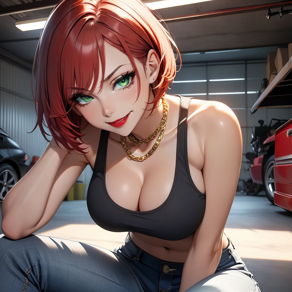 beautiful woman, ((caucasian skin)), red hair, short hair, evil smile, ((garage)), sitting, red lipstick, jeans shorts, tank top, green eyes, portrait, slender body, gold neck chain, busty