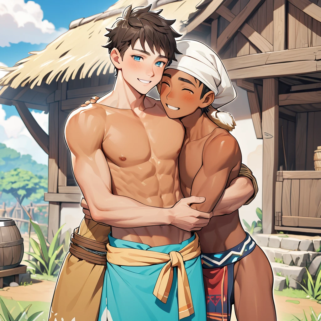 A twink male villagers hug a tanned male bushman