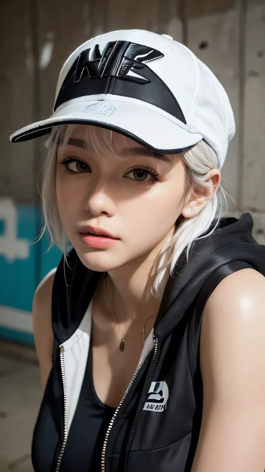 masterpiece, Highest quality, Very detailed, 8k, Realistic, One Girl, alone, Tomboy, Very detailed face, (head shot:1.5), Standing in front of a wall covered in hip hop graffiti, Pixie cut white hair, He is wearing a short tank top and an open-zipped hoodie.....,I can see your chest,Nice ass,Wear a New Era cap