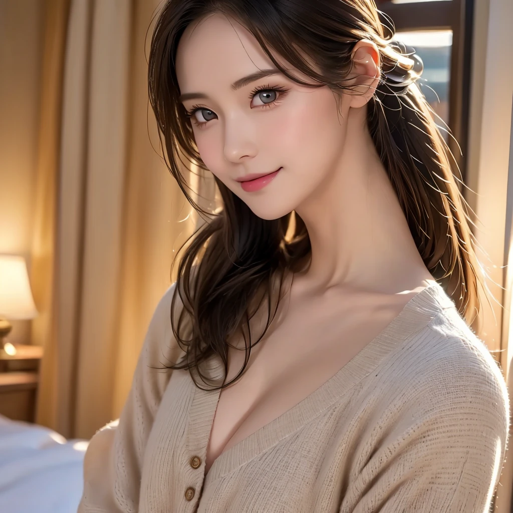 a gorgeous milf with rosy cheeks,smiling shyly,casual outfit,lover,private bedroom,photorealistic,high quality,8k,detailed face,beautiful eyes,delicate lips,elegant,cinematic lighting,warm color palette,romantic atmosphere