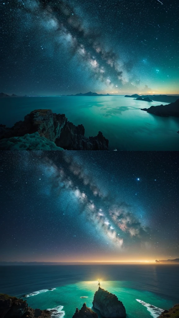 A fantastical world where the ocean and space coexist. A landscape filled with countless stars and shooting stars, and a mystical sea that spreads out in shades of blue and emerald.