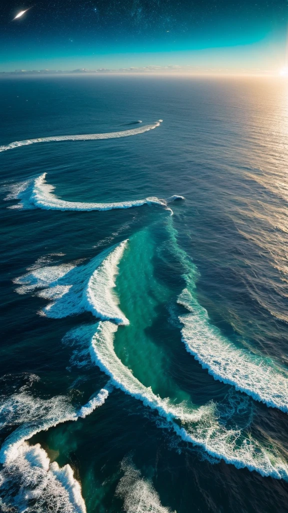 A fantastical world where the ocean and space coexist. A landscape filled with countless stars and shooting stars, and a mystical sea that spreads out in shades of blue and emerald.