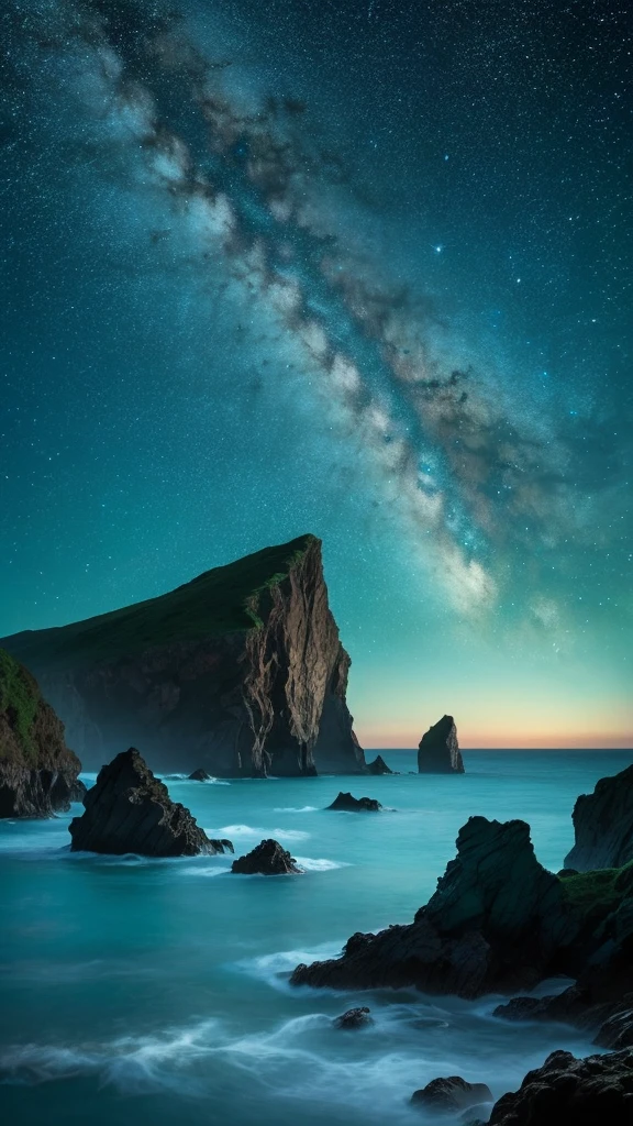 A fantastical world where the ocean and space coexist. A landscape filled with countless stars and shooting stars, and a mystical sea that spreads out in shades of blue and emerald.