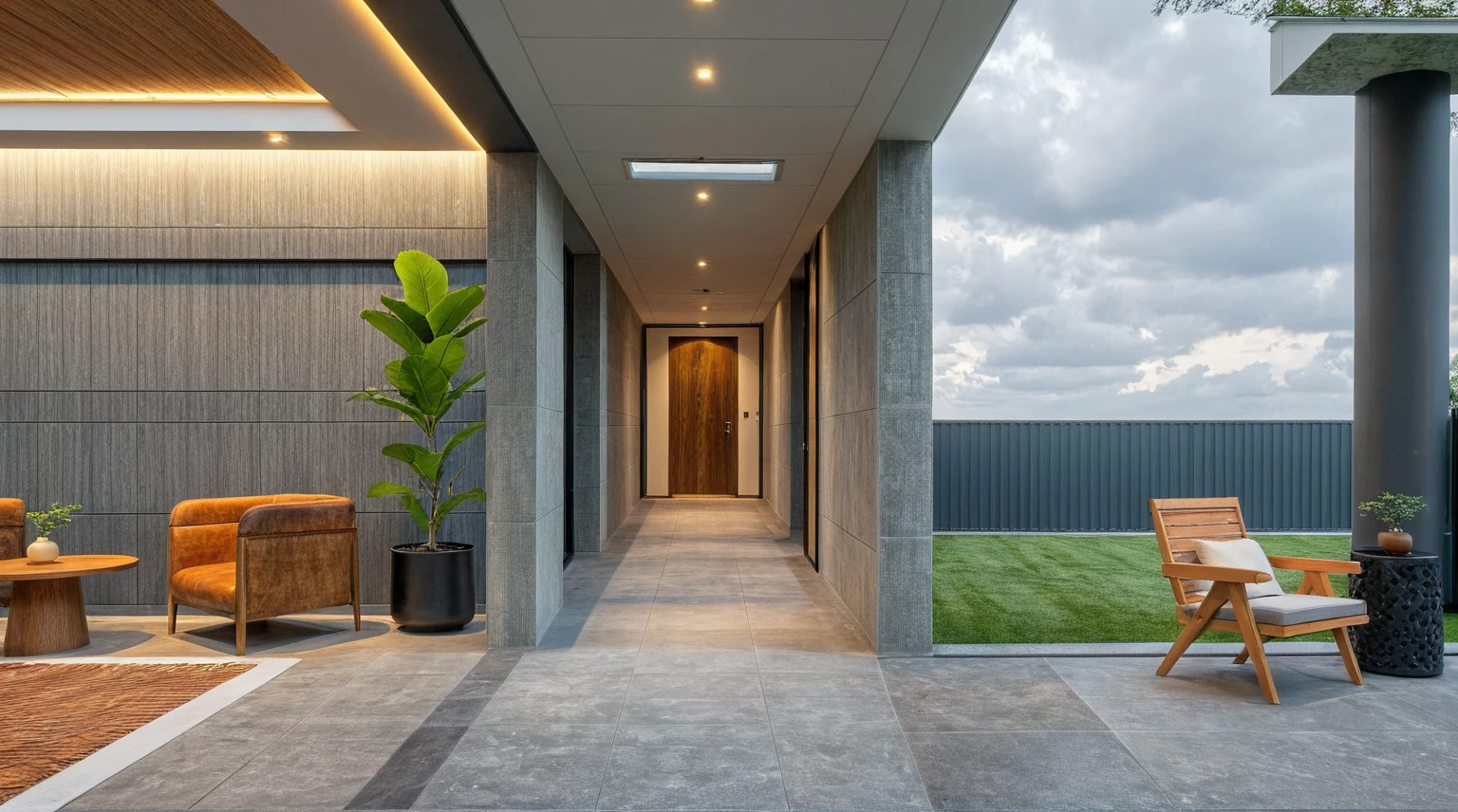 Masterpiece, high quality, best quality, authentic, super detail, outdoors, onestoreyvillaXL, aiaigroup, the image shows a modern interior space with a large hallway, a door, and a room with a window.