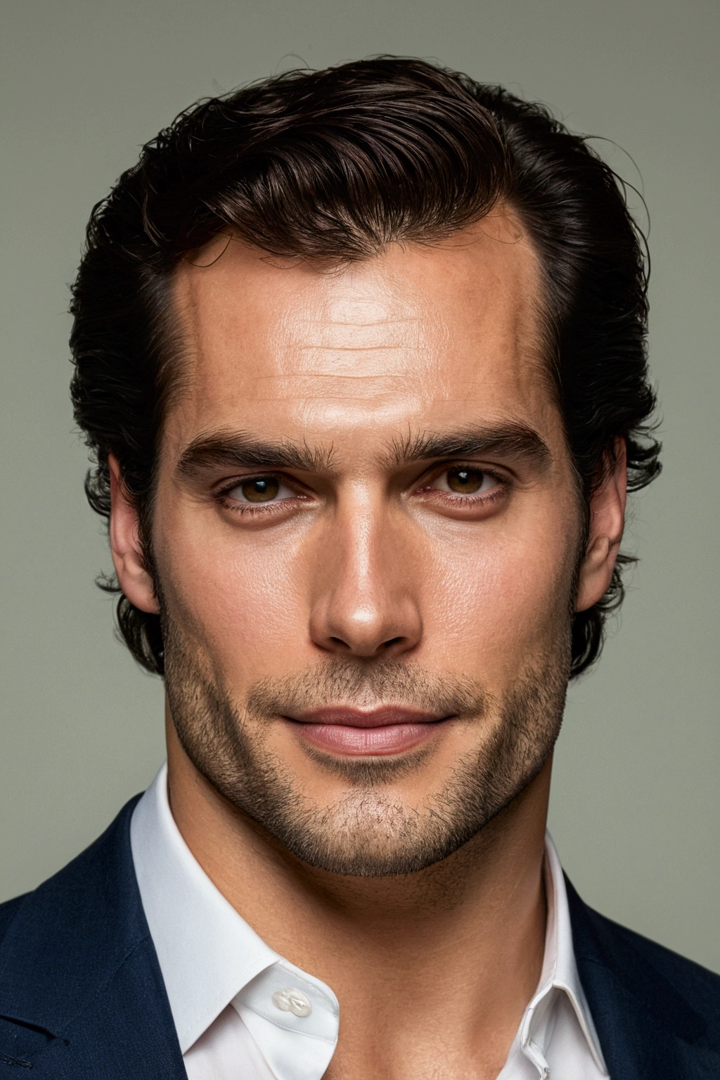 a portrait photo of a very attractive 32 year old man, with a very handsome face, a defined and very handsome jawline, a face with the symmetry of Henry Cavill, a beautiful and very captivating smile, a penetrating and very sexy look, brown eyes greenish, combed with a beautiful brown quiff, and a defined and trimmed beard. This man is very confident and gives the impression of a good person and is irresistible, he is a millionaire