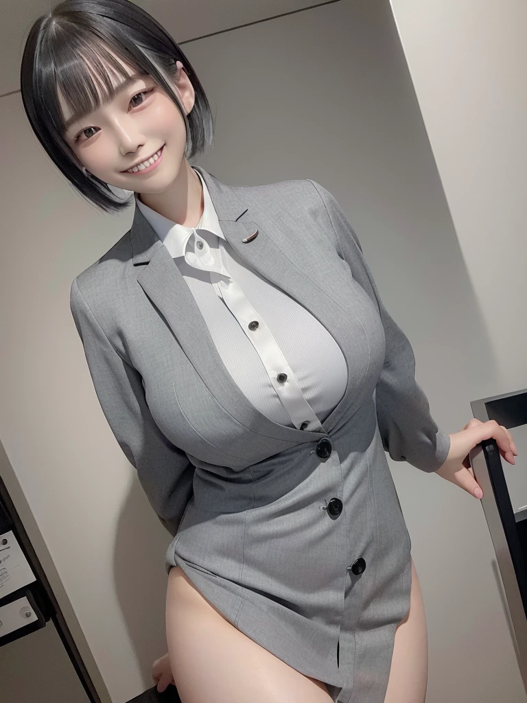 Highest quality、masterpiece、8k、Very detailed、Realistic、(One girl)、(Looking at me with a smile:1.5)、whole body、(Black Hair)、Short Hair、Small face、(Slender:1.2)、(Big Breasts:1.2)、(White business shirt with buttons and a collar:1.2)、(short tight skirt in gray,:1.2)、(Grey business jacket:1.2)