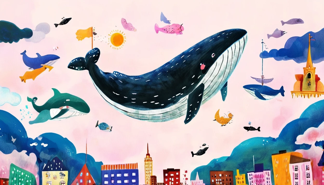 Whales Flying Over Manhattan、J_drawing、Children's Illustration Style、dw01-3400
