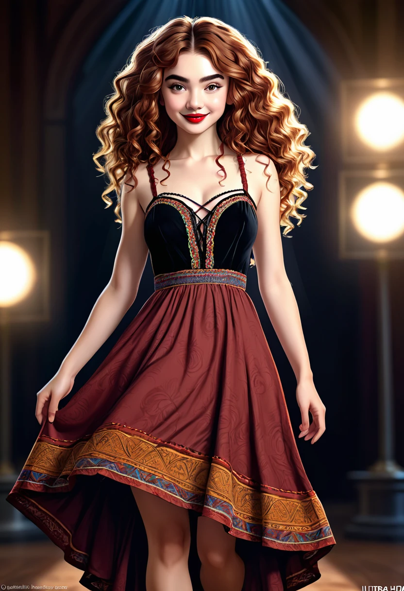 A Beautful Jewish Women With A Thick Bushy Unibrow And A Attractive Nose. Thick, Intense, Curly, Frizzy, Messy Long reddish-brown Hair. Boho Dress. Curvy Hourglass Figure. Ultra HD,, Epic Lighting, Striking Silhouette. Sabrina Carpenter. Attractive Pose. Aluring Smile. Red Lips. The Official Art – An Award-Winning Digital Masterpiece In 4K Ultra HD, Extreme Detail And Intricate Realism. This Concept Art Brought To Life By The Hands Of Artists Like Wlop & Artgerm In A Stunning 2D Vector Illustration.