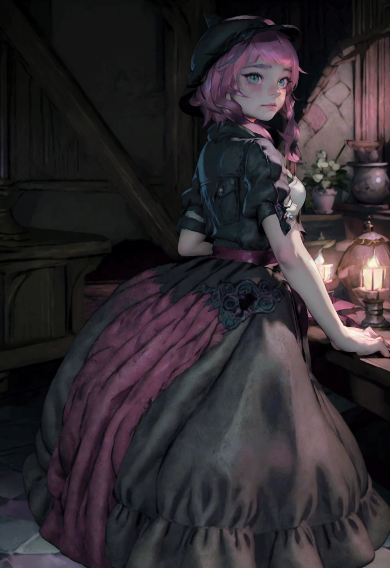 high resolution, work of art, perfect lighting, natta, tenebrosa, blossom, cinematic lighting, grown-up, female, looking ahead at viewer, cowboy shot, from behind, (Rseemma:1.5),xivstreetjacket edgBlkMage, using edgBlkMage, black hat, side bangs, pink  hair, greeneyes, thick eyebrows, freckles,moonlights, enchanting, witch, mystic, Tendencies, Jumpy, Mesmerizing, confident, tenebrosa elegance, magical, Accessories, Mesmerizing, contemporary, appealing, glamour, mystical jewelry,