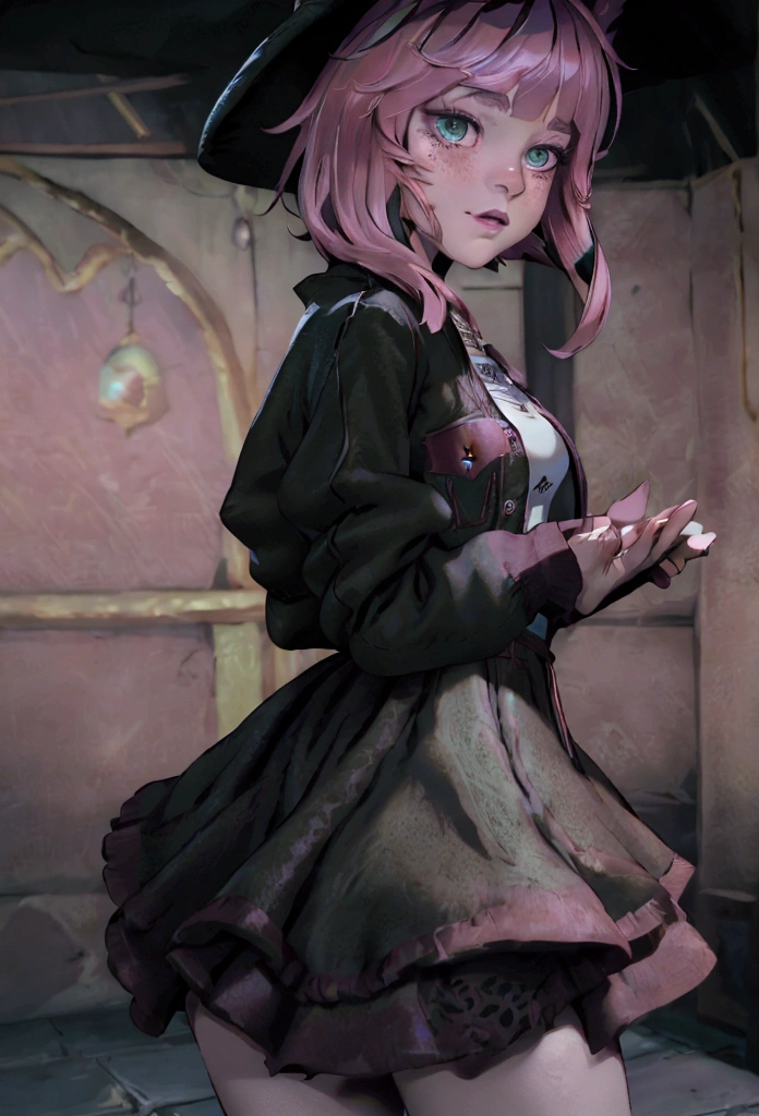 high resolution, work of art, perfect lighting, natta, tenebrosa, blossom, cinematic lighting, grown-up, female, looking ahead at viewer, cowboy shot, from behind, (Rseemma:1.5),xivstreetjacket edgBlkMage, using edgBlkMage, black hat, side bangs, pink  hair, greeneyes, thick eyebrows, freckles,moonlights, enchanting, witch, mystic, Tendencies, Jumpy, Mesmerizing, confident, tenebrosa elegance, magical, Accessories, Mesmerizing, contemporary, appealing, glamour, mystical jewelry,