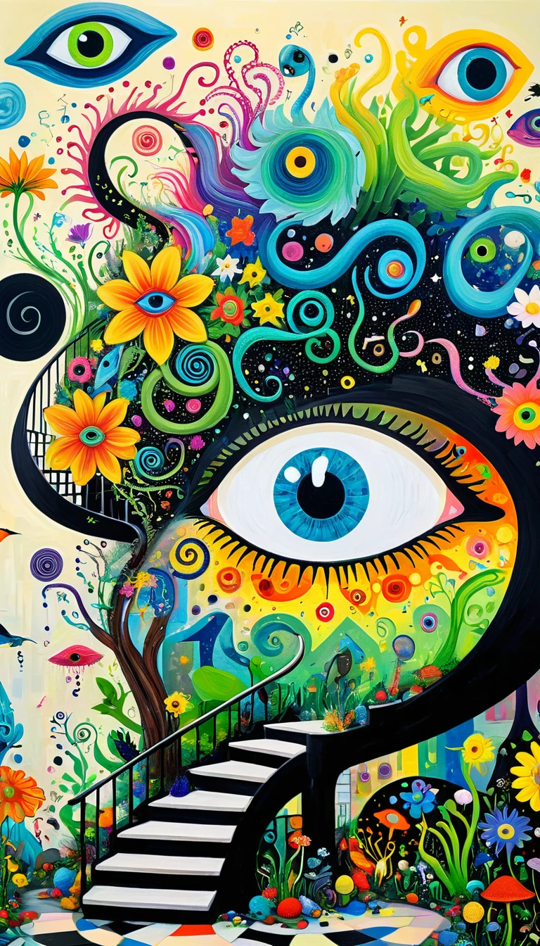 Children's graffiti,Thick coating，Concave and convex texture，Oil pastel strokes：Colorful black，Dopamine color matching，爱吃fish的猫、flowesh、spiral staircase、Tentacles、bird、(((Eye)))、diatom，Abstract mosaic painting，Describing the inner world of autistic people，Sense of space，Large area of white，interesting，Innocence，Vision，Psychedelic Art，Incorporating Picasso&#39;s artistic style
