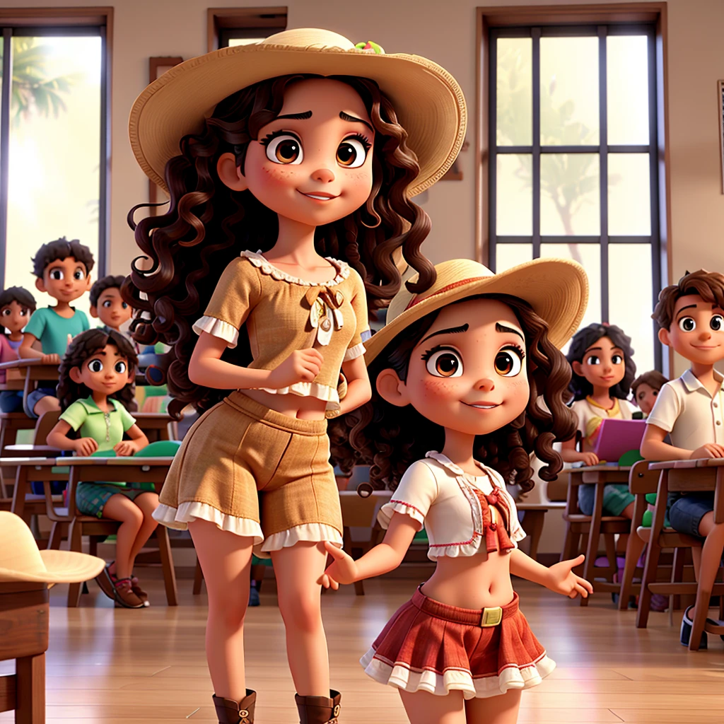 a Mexican woman with curly hair and brown eyes holding a sombrero hat and dancing together with her friends in a classroom, They're kids.