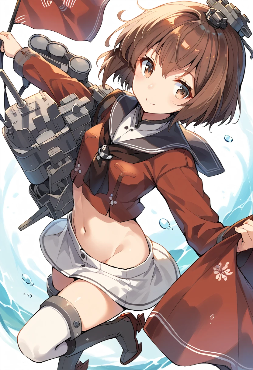 score_9, score_8_up, score_7_up, score_6_up, source_anime, 1girl, (dynamic angle), (perfect image), 8k wallpaper, most detailed, Complex, delicate background, offical art,yukikaze (kancolle), brown hair, brown eyes,short hair,(petite),,chinese-inspired red clothing,black spats,(white)thigh-high boots,(red)miniskirt,navel is uncovered