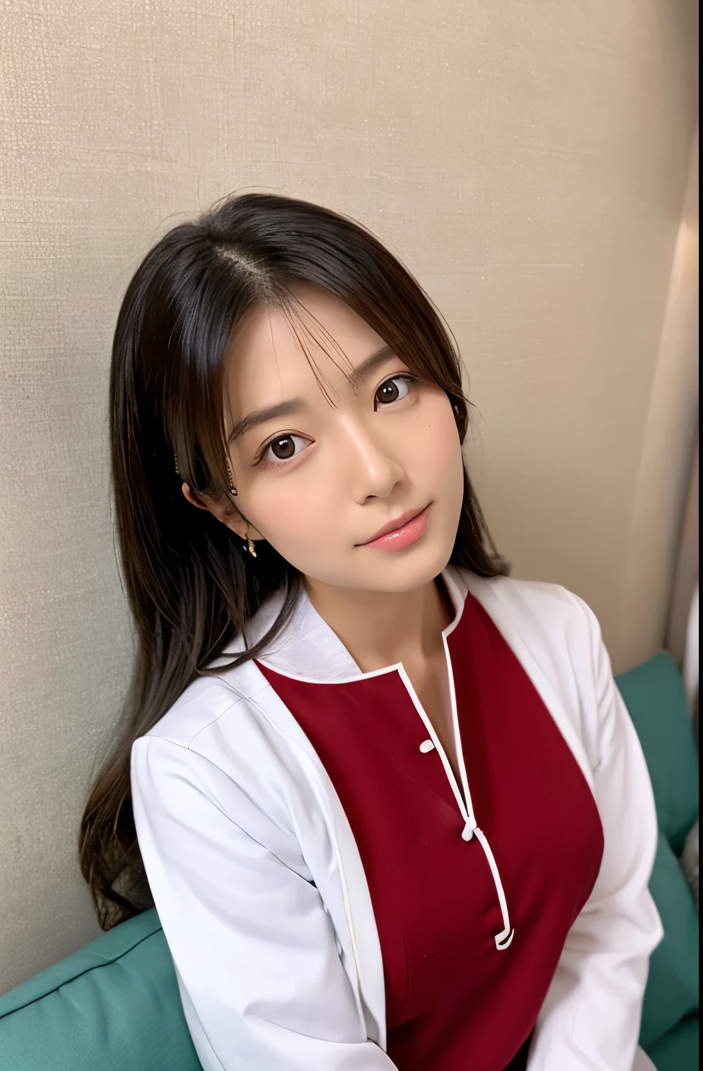 ((Highest quality)), ((masterpiece)), (detailed),Perfect Face,Japanese,Female doctor,white,Bust E cup,Red sofa seating
