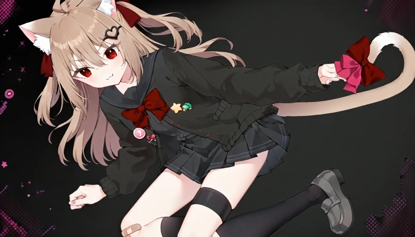 1girl, evil neuro-sama, red eyes, light brown hair, ahoge, two side up, hair ribbon, dark red ribbon, heart hair ornament, black cardigan, open cardigan, black sailor collar, long sleeves, red bow, heart, button badge, star \(symbol\), drone, the number "1" on a badge, turtle, black skirt, pleated skirt, asymmetrical legwear, black thighhighs, black kneehighs, bandaid on knee, grey footwear, loafers,cat ears, cat tail, tail bow, :3,