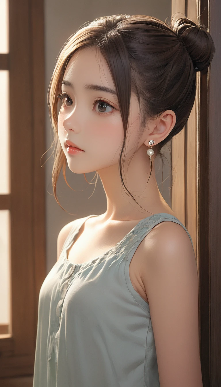 (masterpiece, Highest quality:1.2), One girl, alone,bony body、、half-up bun、Earrings