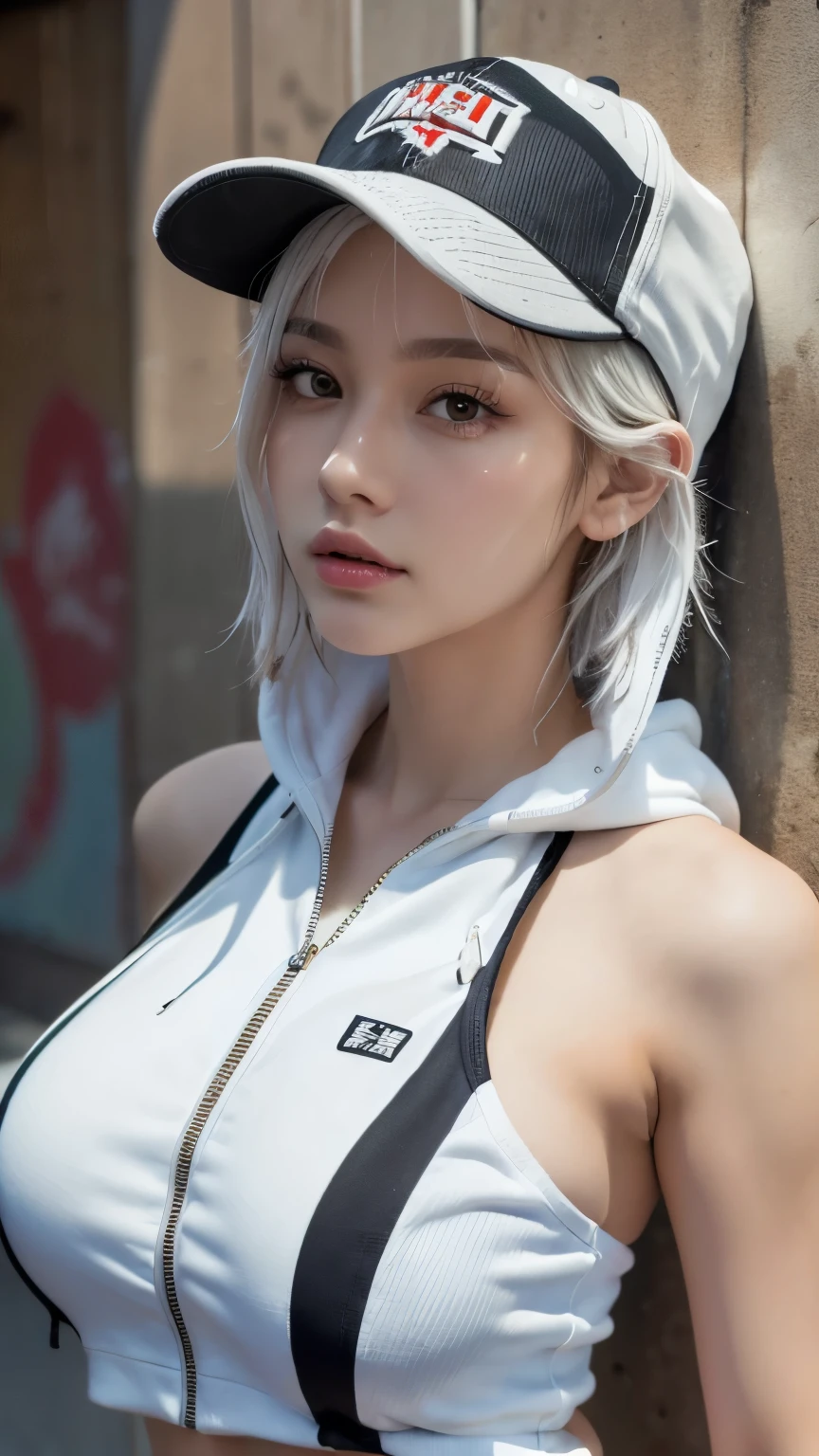 masterpiece, Highest quality, Very detailed, 8k, Realistic, One Girl, alone, Tomboy, Very detailed face, (head shot:1.5), Standing in front of a wall covered in hip hop graffiti, Pixie cut white hair, He is wearing a short tank top and an open-zipped hoodie.....,I can see your chest,Nice ass,Wear a New Era cap