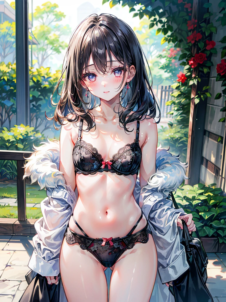 (Best quality, 8k, 32k, Masterpiece, UHD,:1.2),RAW, 1girl,ultra cute , natural lighting,transparent shining eyes, 20yo ,fair complexion, ((bra and panties, floral pattern)), Cowboy Shot, standing, shiny, small breast, bright