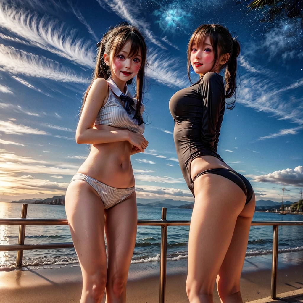 Masterpiece of ProfessionalPhoto ((ExtremelyDetailed (12 PICHIPICHI KAWAII Girls Floating in The Air in a row:1.37) in WHITE at Dusk Enoshima Beach)), {(Standing Full Body:1.2)|(from below:1.2)|Detailed KAWAII face}, Different types of hair colors, {(skinny(school swimwear))|(SchoolUniform)with Tiny AthleticShorts}, {(Corrected Childish hand)|Hidden hand|Different types of breasts|(Clearly Visible the shape of Butt)}, Joyful Expressions LifeLike Rendering, Detailed clothing texture, PerfectLighting, (Dazzling Horizon Visible through ThighGap), (Starry IridescentParticles:1.22) ColorfulClouds