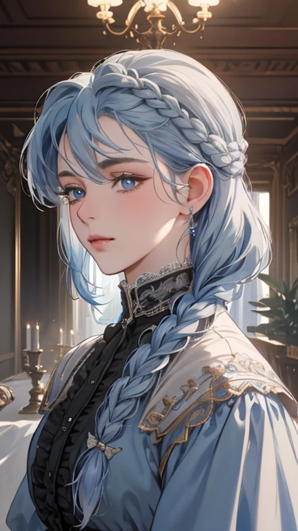 masterpiece, best quality, Practical, (absurd, High resolution, Super detailed), victorian era, Europe in the 18th century,noble,gray blue hair color,blue eyes, braid, Delicate and meticulous, 8K, Reality, Dramatic Lighting, high quality, Complex design, classical portrait, enlarged texture, Exquisite details
