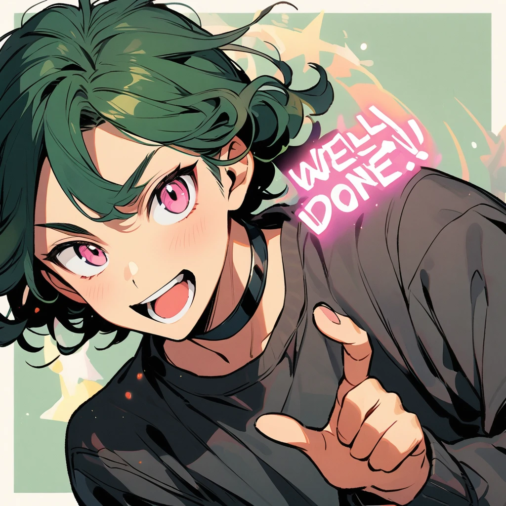 (well done:1) man, long dark green curly hair, pink eyes, black choker, white sweatshirt with orange details, black sweatpants, black boots.
