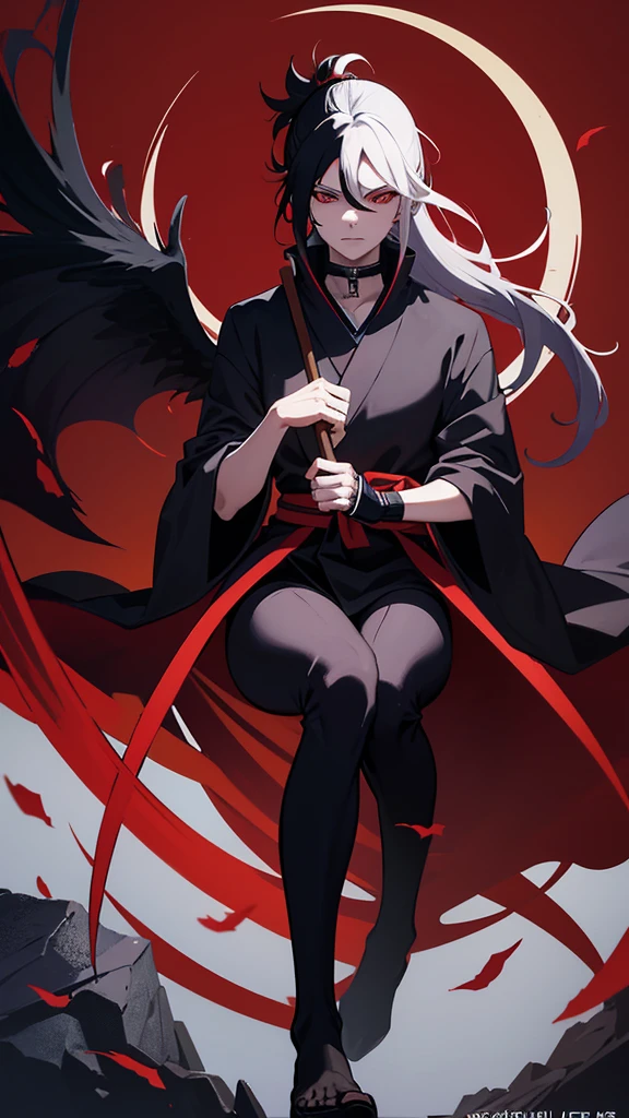 The image is of Madara Uchiha, a character from the anime series Naruto. He is depicted as a tall, pale man with long, black hair and red eyes. He is wearing a black kimono with a high collar, and his hair is tied in a ponytail. He is also wearing a pair of black gloves, and his feet are bare. He is sitting on a rock, with his legs crossed, and he is holding a scythe in his right hand. The background is a dark red color, and there are several black crows flying around. There is a large moon in the background, and it is also red in color. The image is very detailed, and the artist has done a great job of capturing Madara's character.