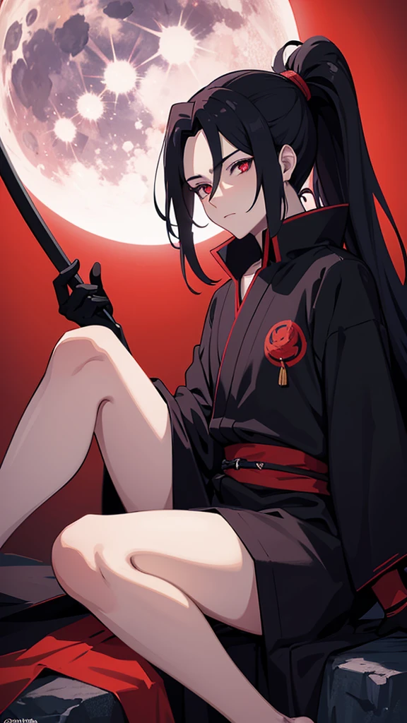 The image is of Madara Uchiha, a character from the anime series Naruto. He is depicted as a tall, pale man with long, black hair and red eyes. He is wearing a black kimono with a high collar, and his hair is tied in a ponytail. He is also wearing a pair of black gloves, and his feet are bare. He is sitting on a rock, with his legs crossed, and he is holding a scythe in his right hand. The background is a dark red color, and there are several black crows flying around. There is a large moon in the background, and it is also red in color. The image is very detailed, and the artist has done a great job of capturing Madara's character.
