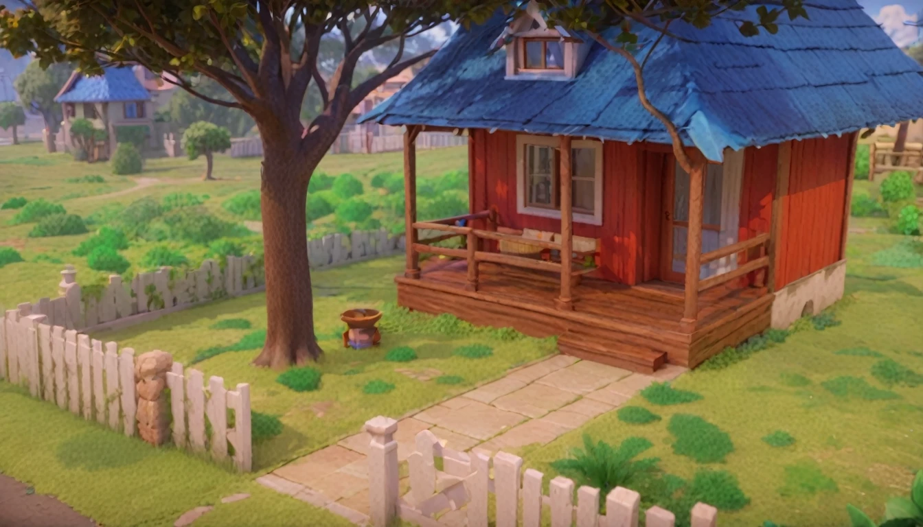 há umthe little house vermelha com telhado azul e uma cerca, 3D stylized scene, Game Graphics, the little house, citys, renderizado em unidade 3 d, animation still, animation style rendering, casa citys moderna, neighborhood,  cartoon rendering, video game still, realistic establishing shot, hyper detailed scene, casa de neighborhood, citys, Rendering.