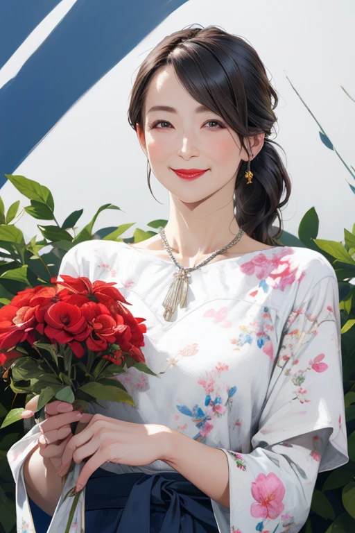 Beautiful mature 55 year old Japanese woman, Married women, Fine Lines, Fine wrinkles, Long eyelashes, Shining Eyes, Low Ponytail, Red lipstick, smile, elegant, Gorgeous figure, Wear sunglasses, Pearl Necklace, Summer clothes, Low-cut open-neck blouse, Floral print slit skirt, Holding a bouquet, whole body, Shooting on green grass, (Highest quality,4K,8k,High resolution,masterpiece:1.2),Very detailed,(Realistic,photoRealistic,photo-Realistic:1.37),High resolution,超High resolution,Studio Lighting,Ultra-fine painting,Sharp focus,Physically Based Rendering,Very detailed説明,Professional,Vibrant colors,Bokeh,Portraiture