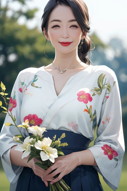 Beautiful mature 55 year old Japanese woman, Married women, Fine Lines, Fine wrinkles, Long eyelashes, Shining Eyes, Low Ponytail, Red lipstick, smile, elegant, Gorgeous figure, Wear sunglasses, Pearl Necklace, Summer clothes, Low-cut open-neck blouse, Floral print slit skirt, Holding a bouquet, whole body, Shooting on green grass, (Highest quality,4K,8k,High resolution,masterpiece:1.2),Very detailed,(Realistic,photoRealistic,photo-Realistic:1.37),High resolution,超High resolution,Studio Lighting,Ultra-fine painting,Sharp focus,Physically Based Rendering,Very detailed説明,Professional,Vibrant colors,Bokeh,Portraiture