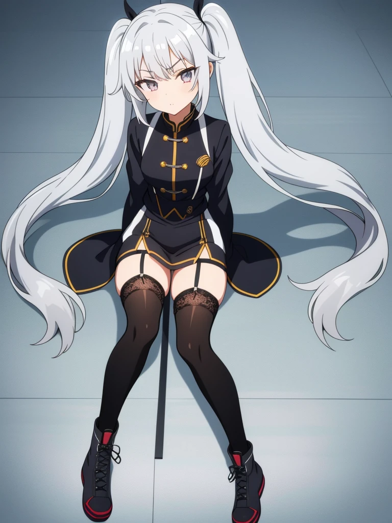 1girl, anime girl, silver hair, long twintails, silver eyes, thigh high socks, jirai kei lace up black/white