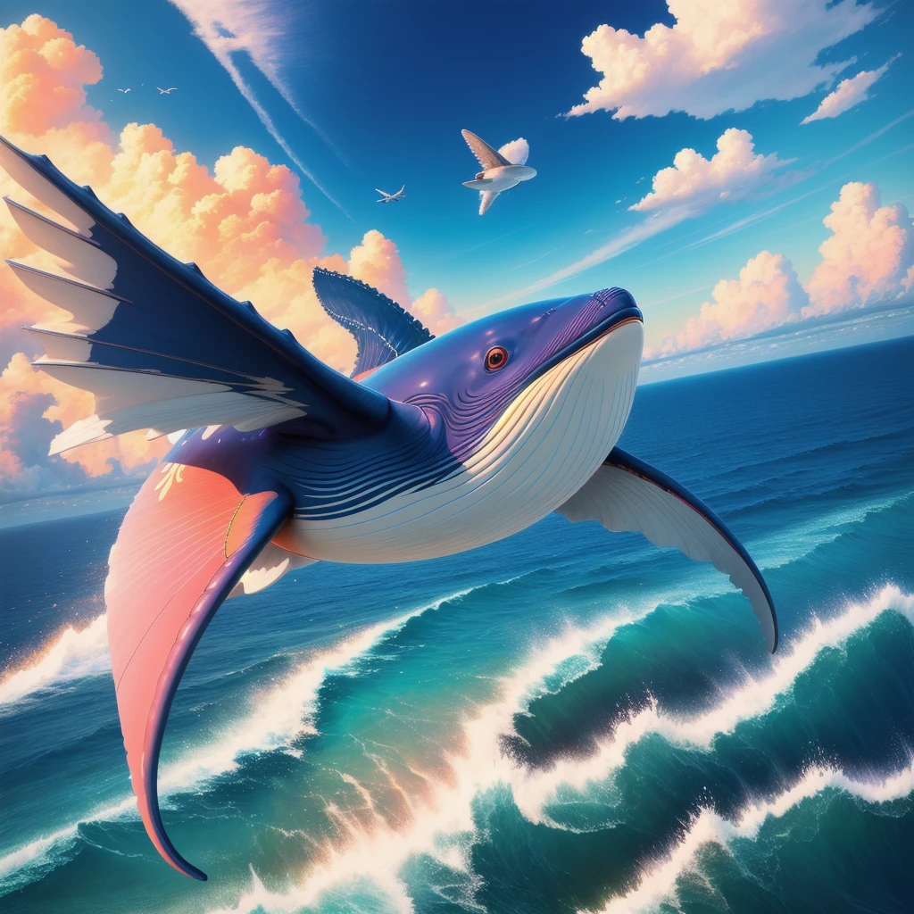 Masterpiece, ultra detailed, beautiful,Super Saturation, anime style, arcadia , flying whale, summer ocean