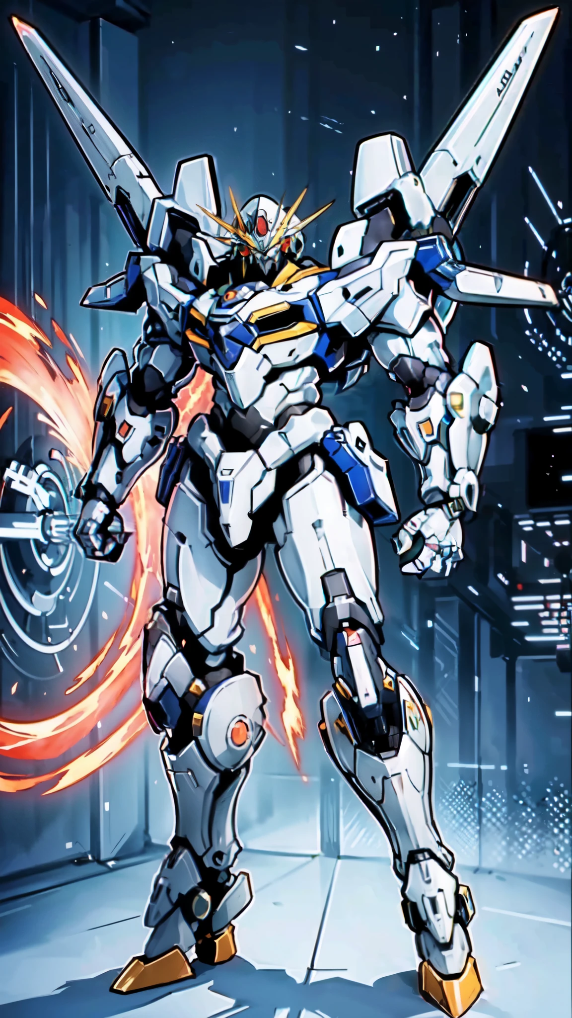 (masterpiece:1.5, best quality:1.5, extremely delicate:1.5), humanoid Mecha, fully enclosed shoulder guards, matching arm and leg guards, full body, full armor, the design balances heavy with agility, (the color scheme is primarily white with red and blue accents, the concept Inspired by Super robot, organic biotech armor, standing, floating high above the futuristic sci-fi city), exquisite and mature art style, (aura effect, energy, glowing eyes, the armor glows), metallic, dramatic, high definition, highres, ultra-detailed, ultra-fine painting, professional, perfect body proportions, anatomically correct, symmetrical face, extremely detailed eyes and face, high quality eyes, creativity, RAW photo, UHD, 32k, Natural light, cinematic lighting, masterpiece-anatomy-perfect