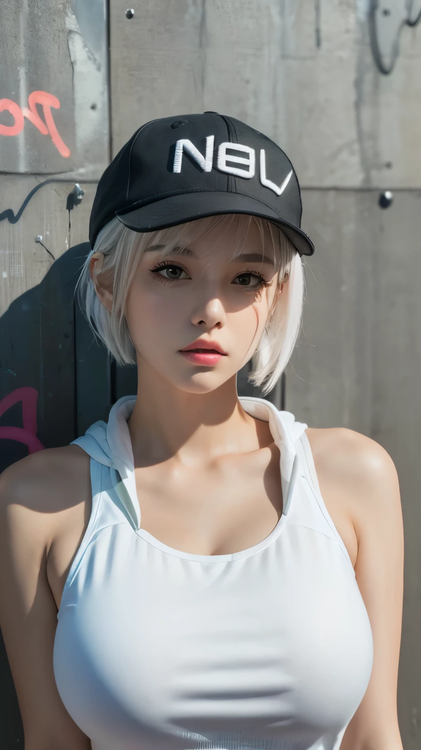 masterpiece, Highest quality, Very detailed, 8k, Realistic, One Girl, alone, Tomboy, Very detailed face, (head shot:1.5), Standing in front of a wall covered in hip hop graffiti, Cyberpunk neon cityscape,Pixie cut white hair, She is wearing a short neon tank top and an open hoodie....,I can see your chest,Nice ass,Wear a New Era cap