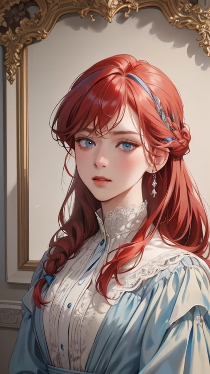 masterpiece, best quality, Practical, (absurd, High resolution, Super detailed), victorian era, Europe in the 18th century,noble,gray red hair color,blue eyes, braid, Delicate and meticulous, 8K, Reality, Dramatic Lighting, high quality, Complex design, classical portrait, enlarged texture, Exquisite details