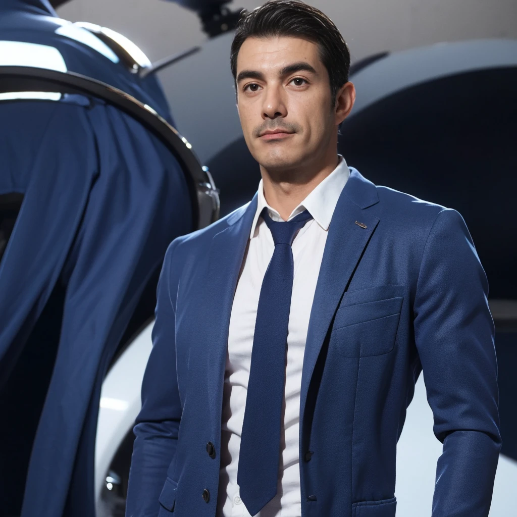 handsome hazael (1chico, 40 year old, wearing an elegant white shirt and blue jacket, with dark blue Armani jeans. Full body portrait, In front of a state-of-the-art helicopter in ultra-modern style. Directed by Guy Ritchie.)a Man standing with 30 years in suit and tie, body and head straight in the photo, DSRL, facing the viewer of the photo, eyes fixed to the lens, appears shoulders and head in the photo, man centered in the photo, 8k, best quality, masterpiece, realistic, realistic photo, movie photo, ultra realistic, 1 person, detailed, Perfect lighting, DSRL, professional photo, 4k