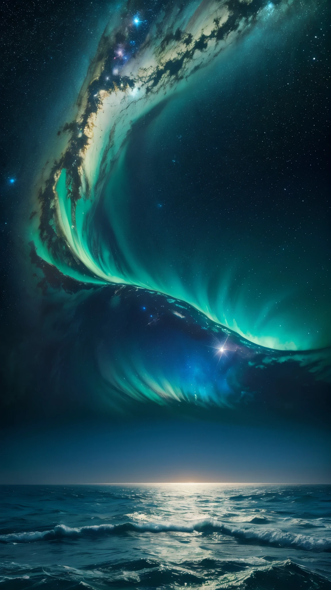 A fantastical world where the ocean and space coexist. A landscape filled with countless stars and shooting stars, and a mystical sea that spreads out in shades of blue and emerald.