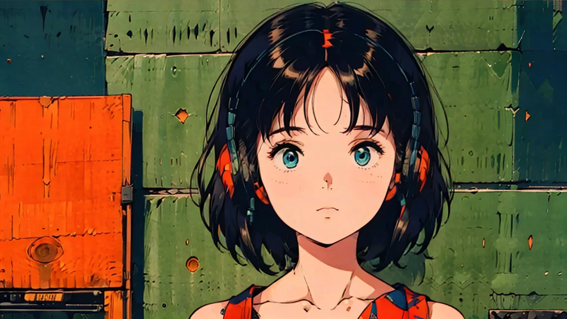 (obra de arte:1.2), (mais alta qualidade:1.2), resolução ultra-alta, super detalhado, iluminação perfeita,GIRL WITH DETAILED FACE WITH FACE FORWARD, SHORT HAIR, BLUE EYES, small AND ROUNDED nose, 80s anime style GIRL, HEADPHONES, FACE CLOSE UP, speakers, speakers, radio, vintage 