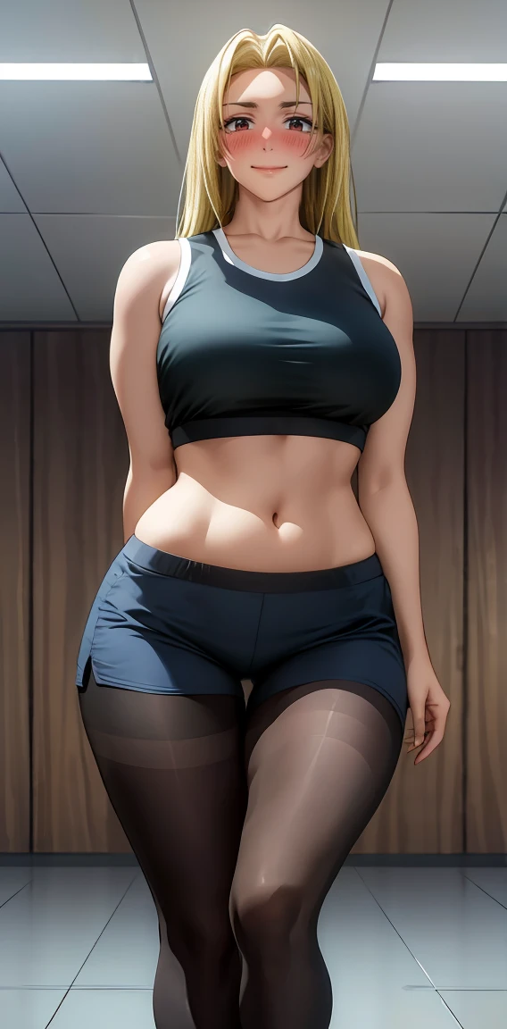 (masterpiece:1.3, highest quality, Ultra-high resolution, Ultra-detailed), (Realistic, photoRealistic:1.4), Beautiful illustrations, (Natural side lighting, Cinema lighting), Depth of written boundary,
Watching the audience, Yuki tsukumo from jujutsu kaisen, long hair, blonde hair, front view detailed body, long belly, big , tight body , thicc medium breast , thicc thighs, standing , crop top, black tank top, navel, dolphin shorts, pantyhose, standing, gym, indoors,