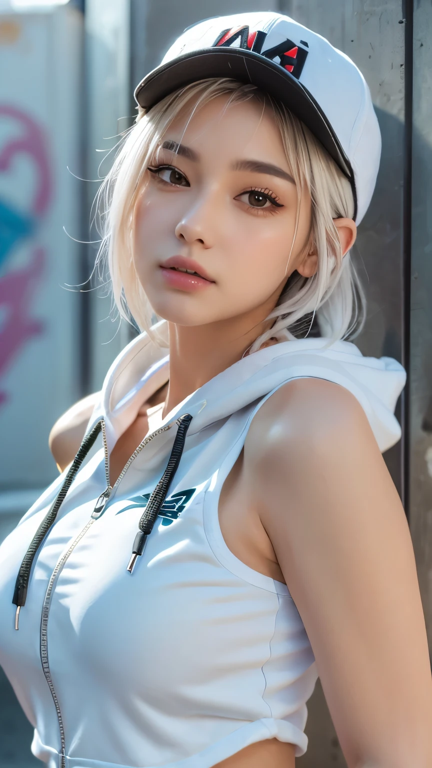 masterpiece, Highest quality, Very detailed, 8k, Realistic, One Girl, alone, Tomboy, Very detailed face, (head shot:1.5), Standing in front of a wall covered in hip hop graffiti, Pixie cut white hair, He is wearing a short tank top and an open-zipped hoodie.....,I can see your chest,Nice ass,Wear a New Era cap