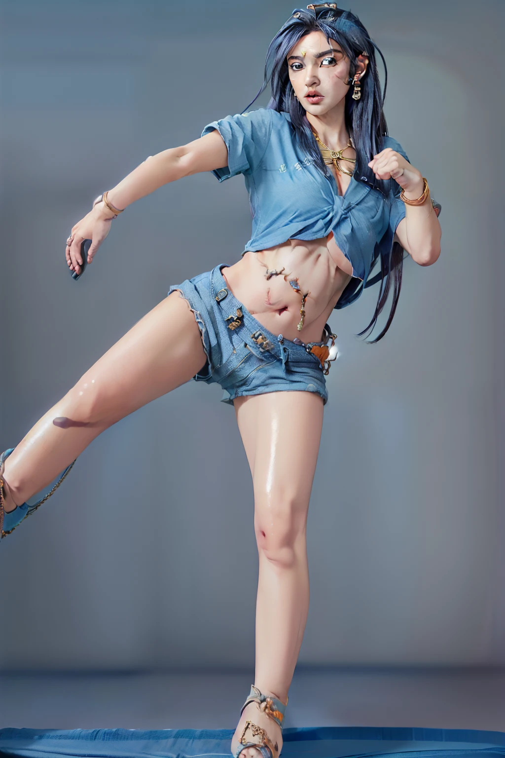 (tall:2),(photo realist: 1.2), (hiper realist: 1.2), (realistic: 1.2), (smoother lighting: 1.2), (Improve the quality of movie lighting: 1.2), (RAW photo:1.2), (better quality:1.2), (beauty:1.2), (masterpiece:1.2), (Physically based rendering:1.2), (ultra high resolution:1.2), (best quality:1.2),(standing:2),(full body shot:2),(fighting pose:2),(blue long hair:2),(beauty face:2),(earring:2),(ember eyes:2),(big breast:2),(tied shirt:2),(denim micro shirt:2),(belt:2),(beauty legs:2),(sandals:2),(simple background:2),(shiny skin:2),(navel:2)