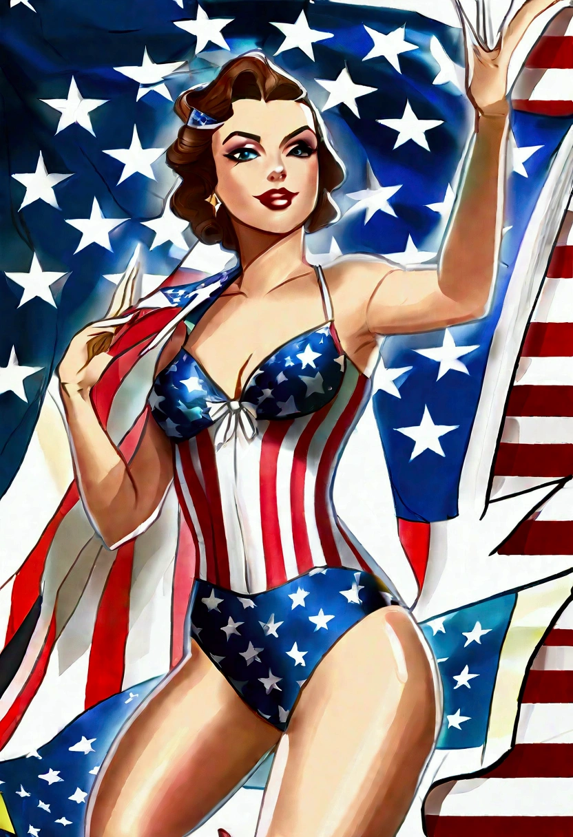 (fay wray, age 25, bombshell swimsuit american flag pattern, waving an american flag), American flag in the background, flirty joyous poses