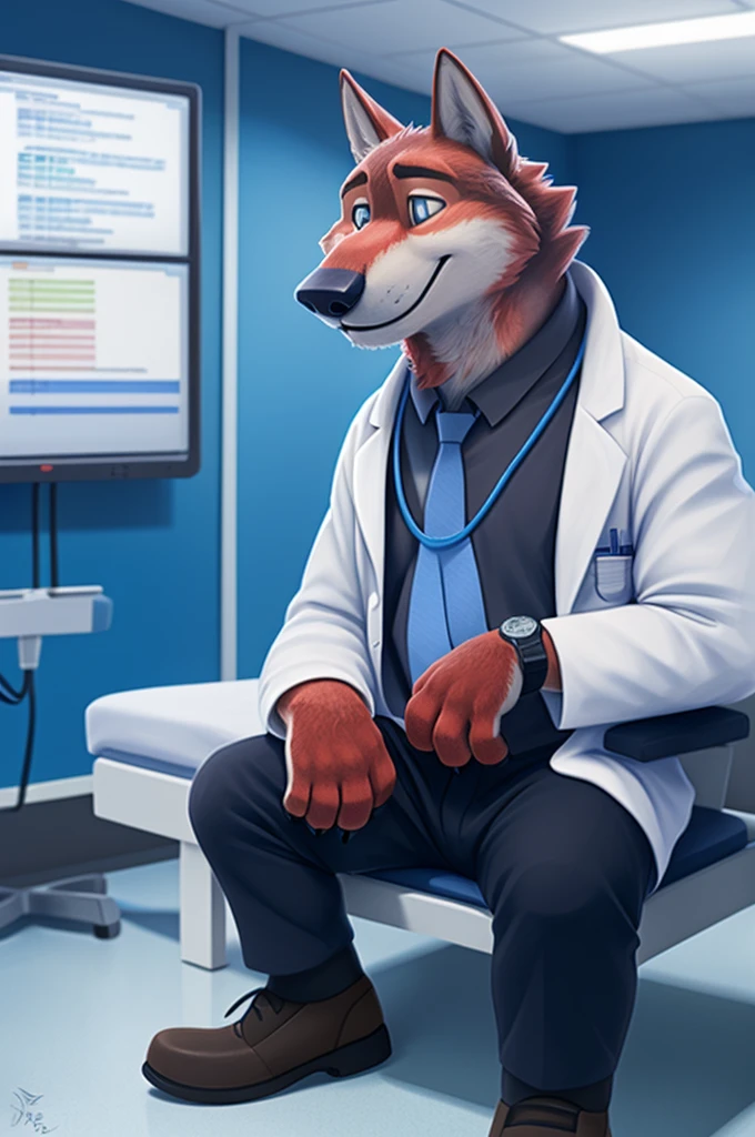 Joachim Wolfbach (Zootopia),tall handsome, wolf,young, 24 years, brown fur,(red body:1.3),Blue eyes, Moscow Dressed,in a white medical coat,black shirt pants,shoes,tie,black pants, stethoscope, pediatrician,canine, wolf, detailed fur, Male, antro, paw pads, finger claws,Prays, at viewer, 5 fingers, paws, 5 fingers, smile, happy, resting, wrist watch,stethoscope,looks at the monitors, т nextel, sitting at home in the medical intensive care unit,by xenoforge, (difficult, high detail, digital, photo, soft focus, RAW, pilot by training,ulba,tender, very kind, sincere, advises, patient, детский pediatrician, 
photorealism, realistic, photorealistic, analog style, subsurface scattering, 
masterpiece, Best quality, ultra realistic, 8 K)