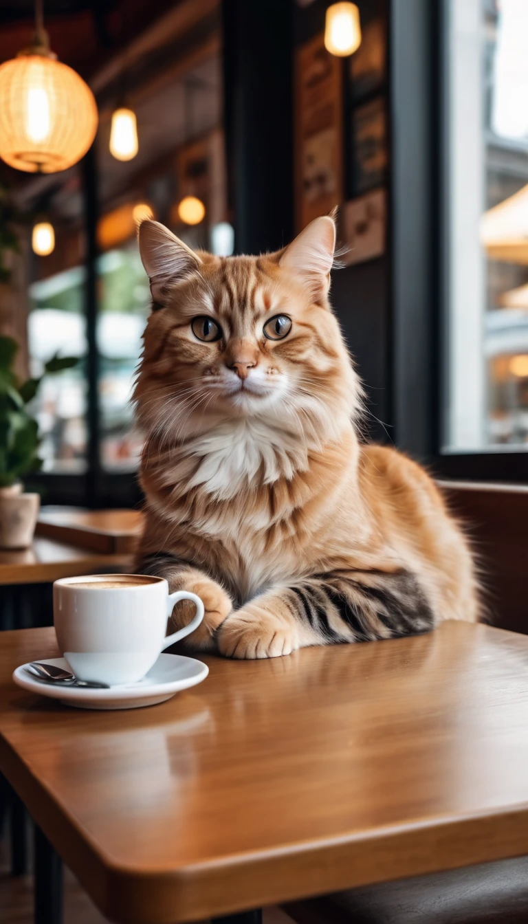 Realistic photo of a cat sit with one armrest on the table in the cafe. one hand holding a cup of coffee.